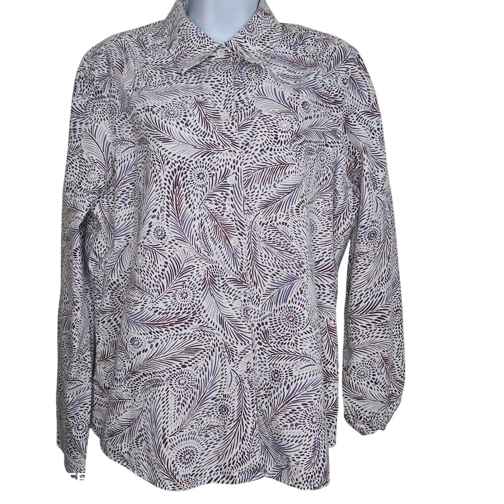 Foxcroft Women's Sz 14 Button Down Shirt Wrinkle Free Floral Print Long Sleeve